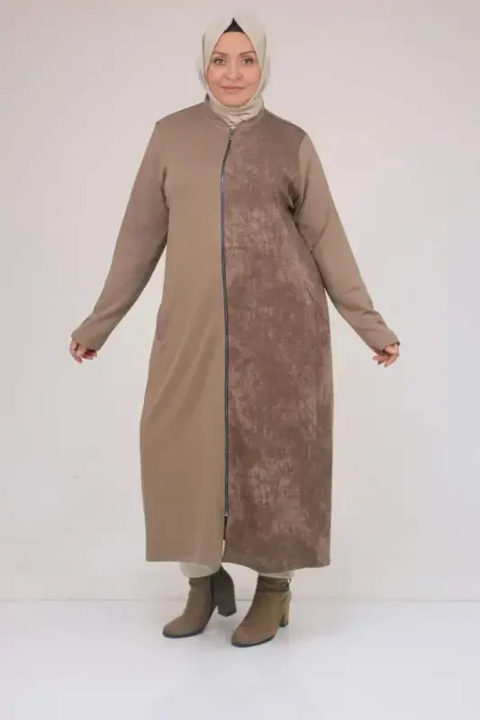 53058 Katta hajmli fermuarli batikli modal kurtka - Vizon - 3