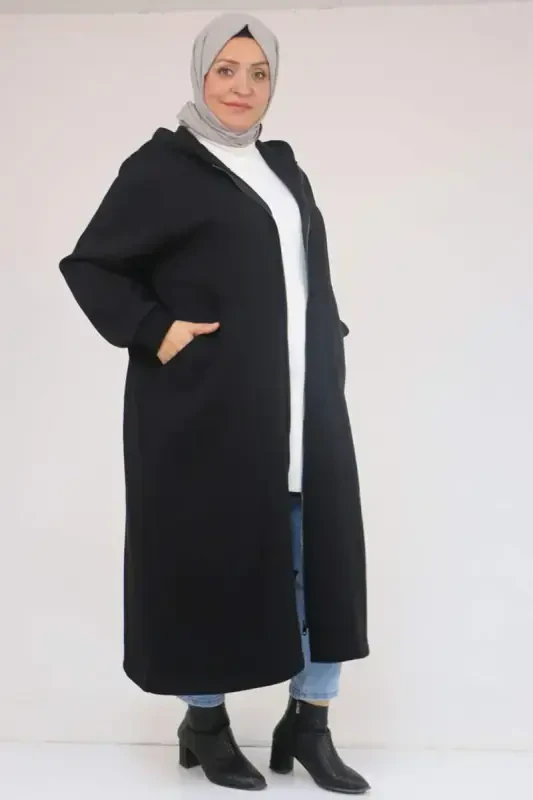 53059 Plus Size Ribbed Cuff Three Thread Coat - Black - BÜYÜKBEDENIZ