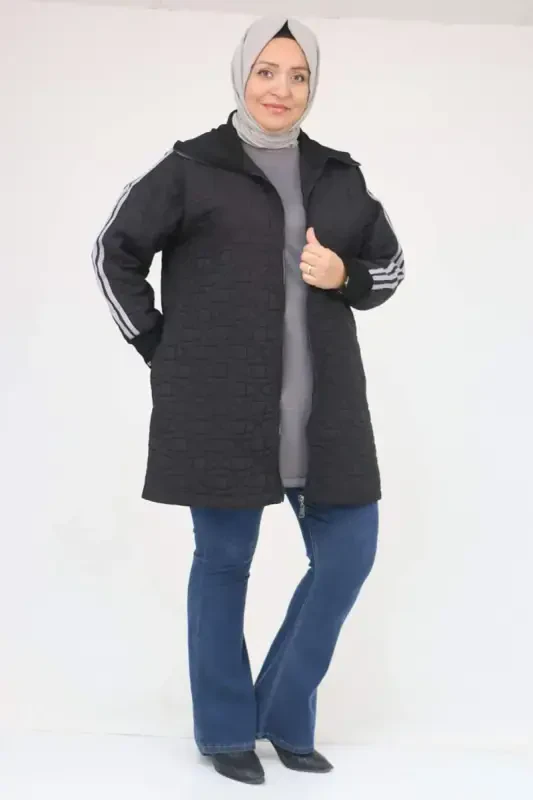 53060 Plus Size Shoulder Striped Quilted Zippered Jacket - Black-Gray - BÜYÜKBEDENIZ