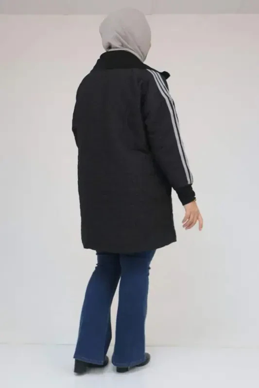 53060 Plus Size Shoulder Striped Quilted Zippered Jacket - Black-Gray - 3