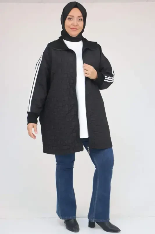 53060 Plus Size Shoulder Striped Quilted Zippered Jacket - Black-White - 1