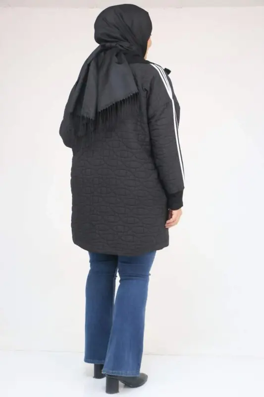 53060 Plus Size Shoulder Striped Quilted Zippered Jacket - Black-White - 3