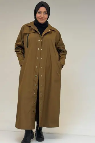 53062 Büyük Beden Sahte Cep Detaylı Bondit Trençkot - Taba - 1