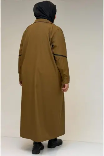 53062 Büyük Beden Sahte Cep Detaylı Bondit Trençkot - Taba - 3