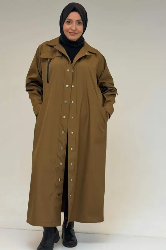 53062 Büyük Beden Sahte Cep Detaylı Bondit Trençkot - Taba - BÜYÜKBEDENIZ