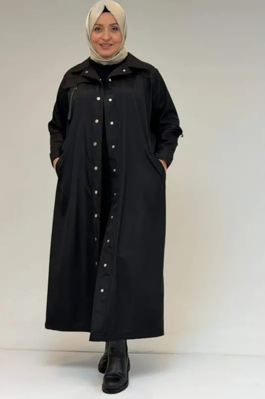 53062 Plus Size Faux Pocket Detail Bonded Trench Coat - Black - BÜYÜKBEDENIZ