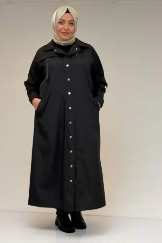 53062 Plus Size Faux Pocket Detail Bonded Trench Coat - Black - BÜYÜKBEDENIZ (1)