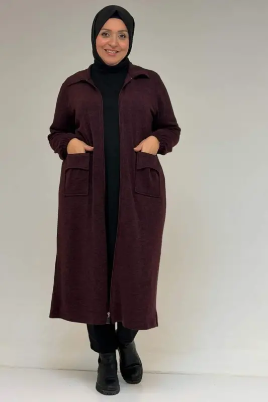 53064 Büyük Beden Fermuarlı Detaylı Mir Ceket - Mürdüm - BÜYÜKBEDENIZ