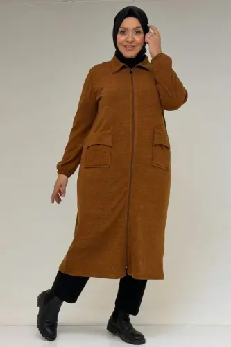53064 Katta Hajmli Fermuar Tafsilotli Mir Kurtka - Taba - 1