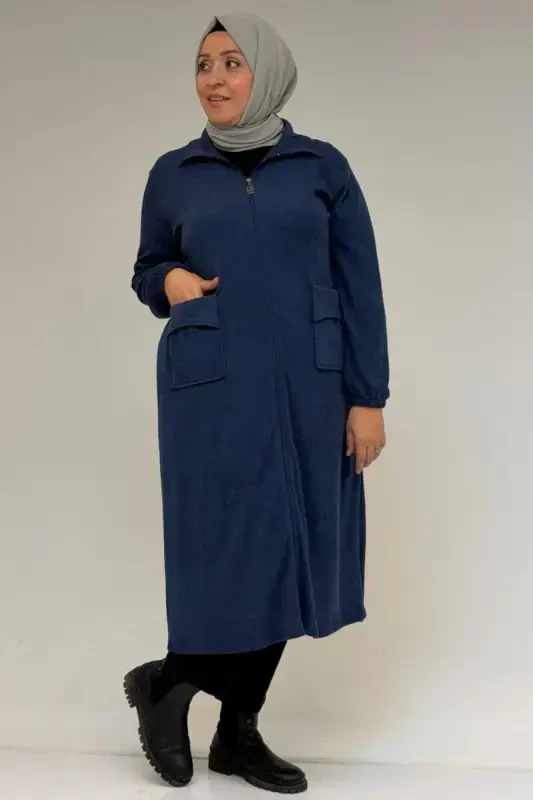 53064 Plus Size Zipper Detailed Mir Jacket - Indigo - 1