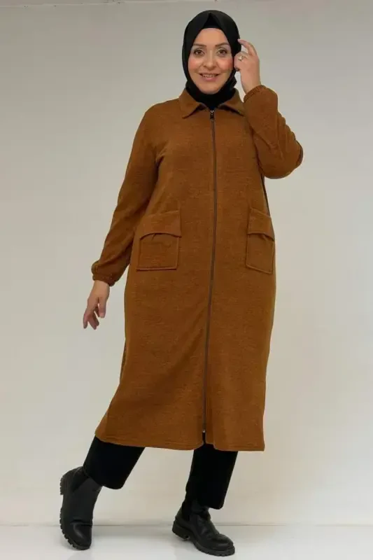 53064 Plus Size Zipper Detailed Mir Jacket - Tobacco - 1