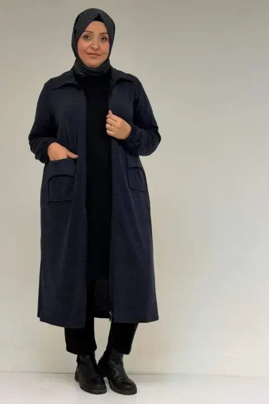53064 Plus Size Zipper Detailed Mira Jacket - Navy Blue - 1