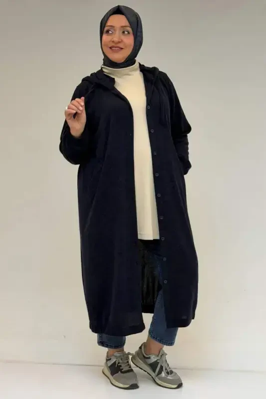 53065 Plus Size Hooded - Buttoned Mir Jacket - Navy Blue - 1