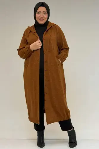53065 Plus Size Hooded - Buttoned Mir Jacket - Tan - 1