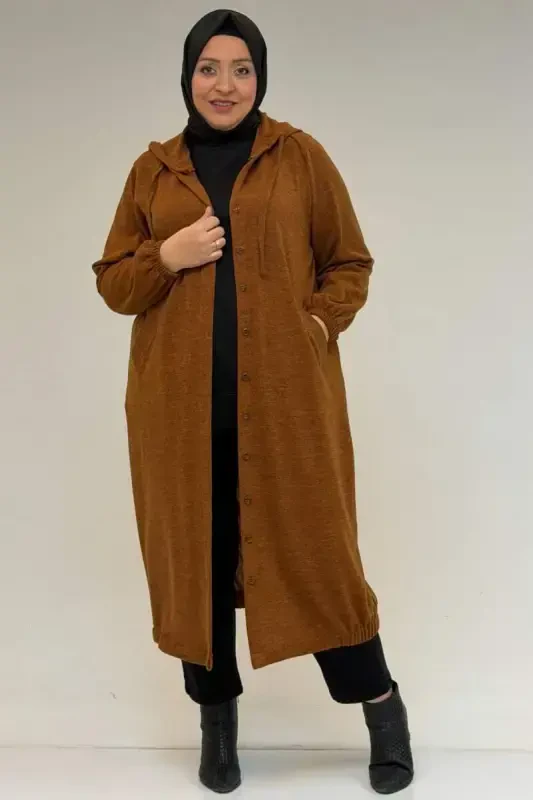 53065 Plus Size Hooded - Buttoned Mir Jacket - Tan - 1