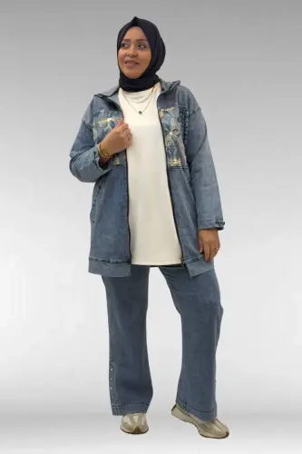 53068 Büyük Beden Bebe Lastik Detaylı Kot Ceket - Mavi - 1