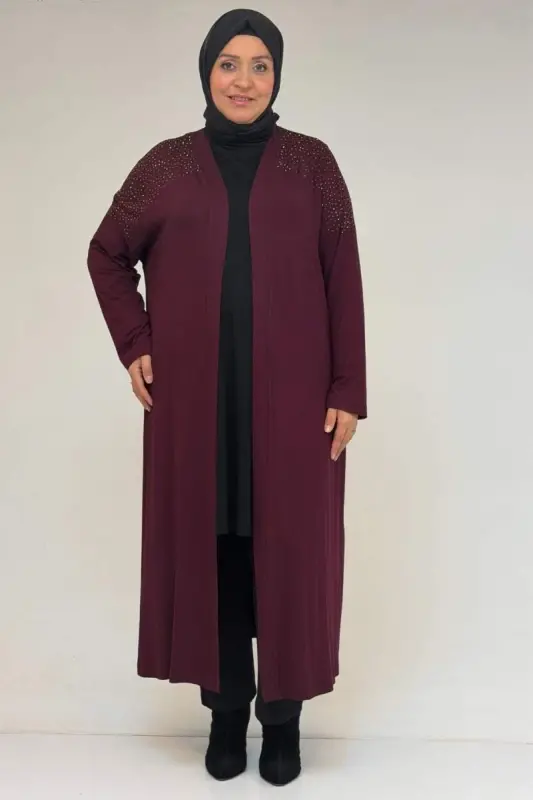 53069 Büyük Beden Omzu Taş Detaylı Penye Ceket - Bordo - 1