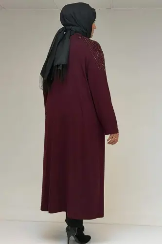 53069 Büyük Beden Omzu Taş Detaylı Penye Ceket - Bordo - 3