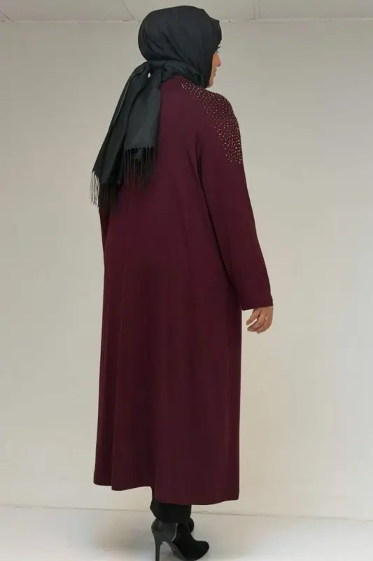 53069 Büyük Beden Omzu Taş Detaylı Penye Ceket - Bordo - 3