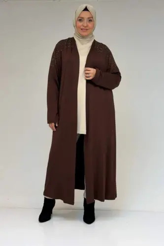 53069 Katta o'lchamdagi yelkasi toshli trikotaj tunik - Qahva - 1