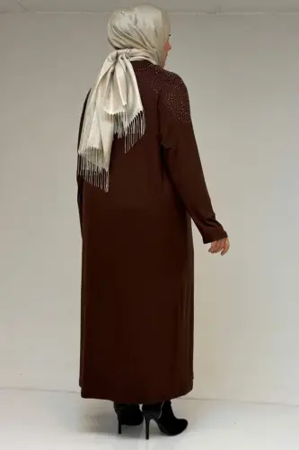 53069 Katta o'lchamdagi yelkasi toshli trikotaj tunik - Qahva - 3