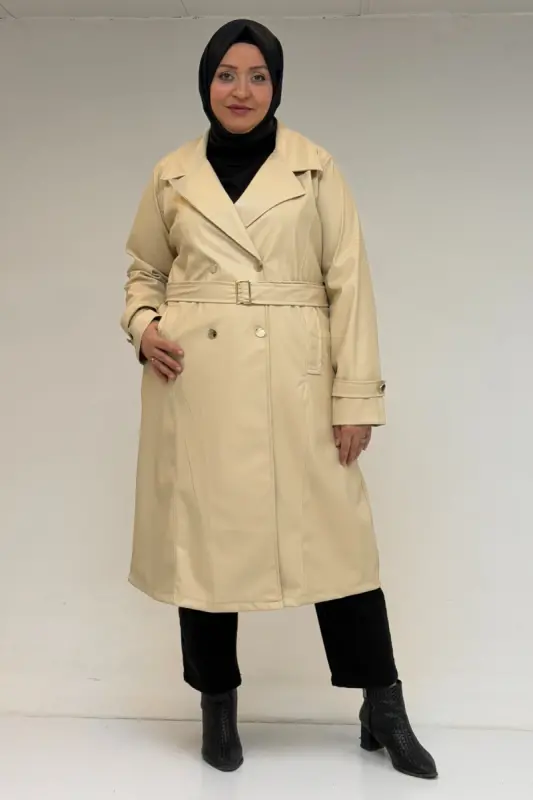 53073 Katta o'lchamli kamarli teri trench - Bej - 1
