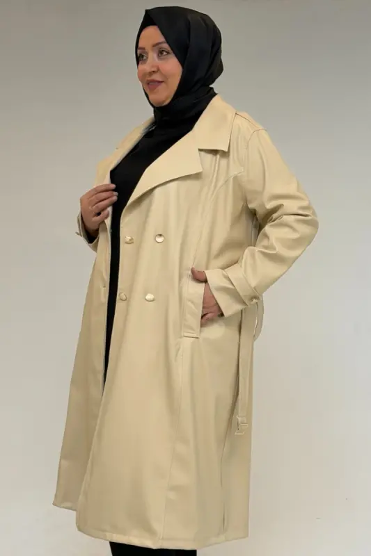53073 Katta o'lchamli kamarli teri trench - Bej - 3