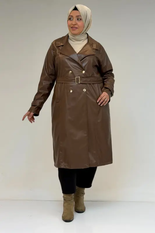 53073 Plus Size Belted Leather Trench Coat - Brown - BÜYÜKBEDENIZ