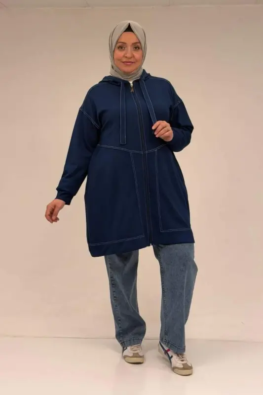 53075 Büyük Beden Dikiş Detaylı Fermuarlı Modal Ceket - İndigo - 1