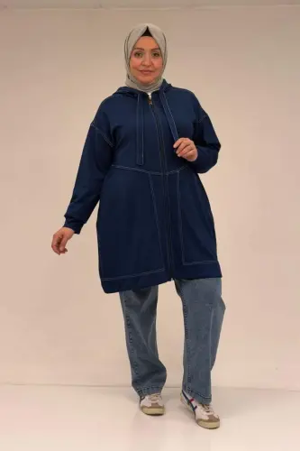 53075 Büyük Beden Dikiş Detaylı Fermuarlı Modal Ceket - İndigo - 1