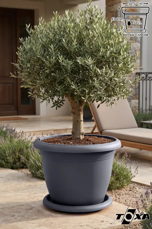 54 lt Antrasit Gri Tabaklı Mat Plastik Yuvarlak Saksı Villa No12 Ø58x41 cm. - 54 Litre (58 cm. ) - TOXA
