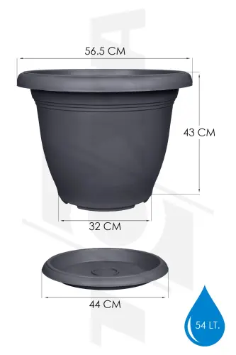 54 lt Antrasit Gri Tabaklı Mat Plastik Yuvarlak Saksı Villa No12 Ø58x41 cm. - 54 Litre (58 cm. ) - TOXA (1)