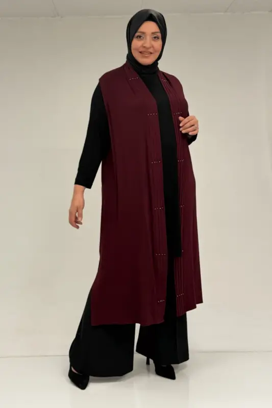 54005 Büyük Beden Patı Pileli Giy Çık Yelek - Bordo - BÜYÜKBEDENIZ