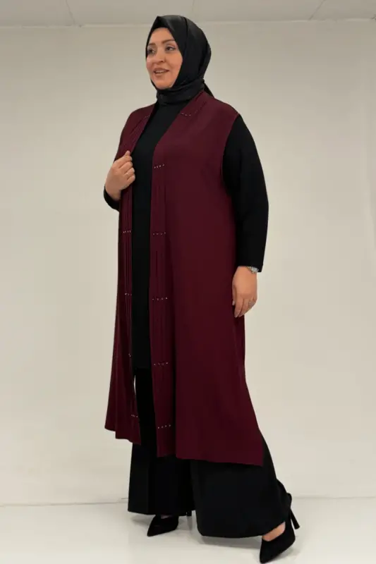 54005 Büyük Beden Patı Pileli Giy Çık Yelek - Bordo - 3