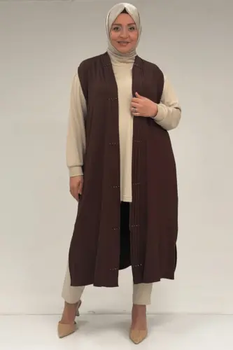54005 Büyük Beden Patı Pileli Giy Çık Yelek - Kahve - 1