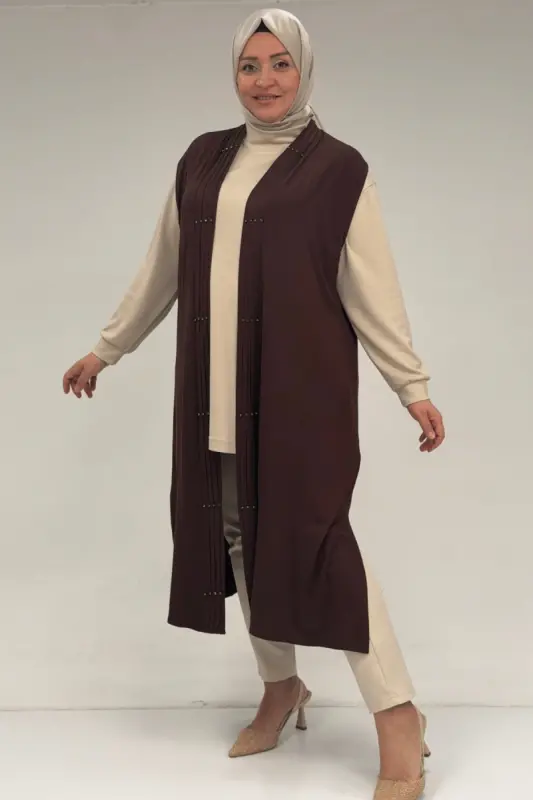 54005 Büyük Beden Patı Pileli Giy Çık Yelek - Kahve - 3
