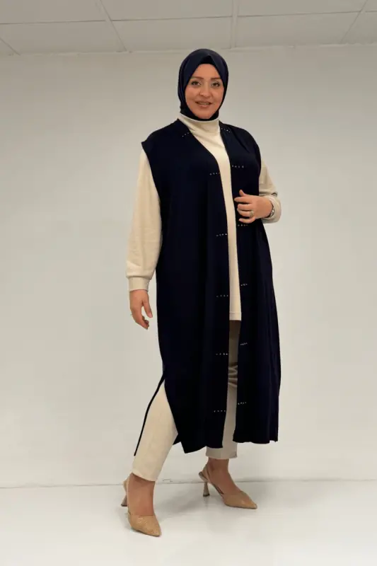 54005 Büyük Beden Patı Pileli Giy Çık Yelek - Lacivert - 1