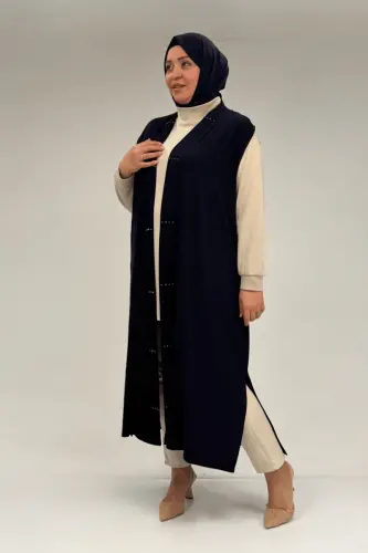 54005 Büyük Beden Patı Pileli Giy Çık Yelek - Lacivert - 3