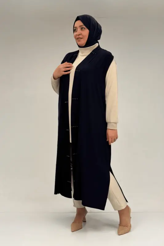 54005 Büyük Beden Patı Pileli Giy Çık Yelek - Lacivert - 3