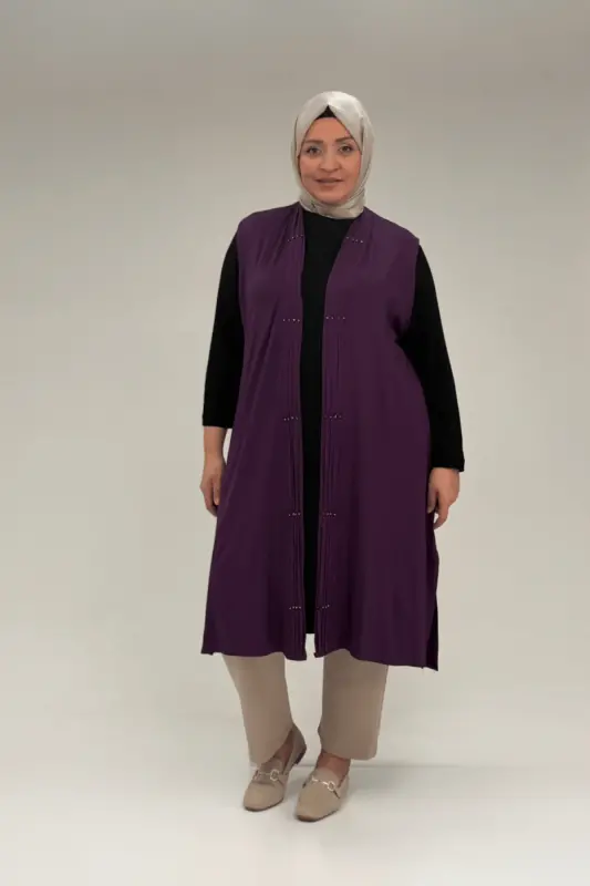 54005 Büyük Beden Patı Pileli Giy Çık Yelek - Mor - BÜYÜKBEDENIZ