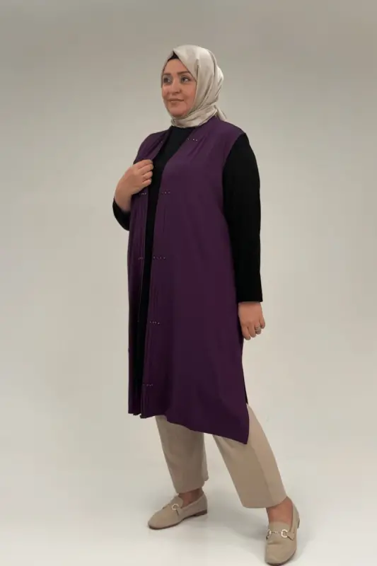 54005 Büyük Beden Patı Pileli Giy Çık Yelek - Mor - 3