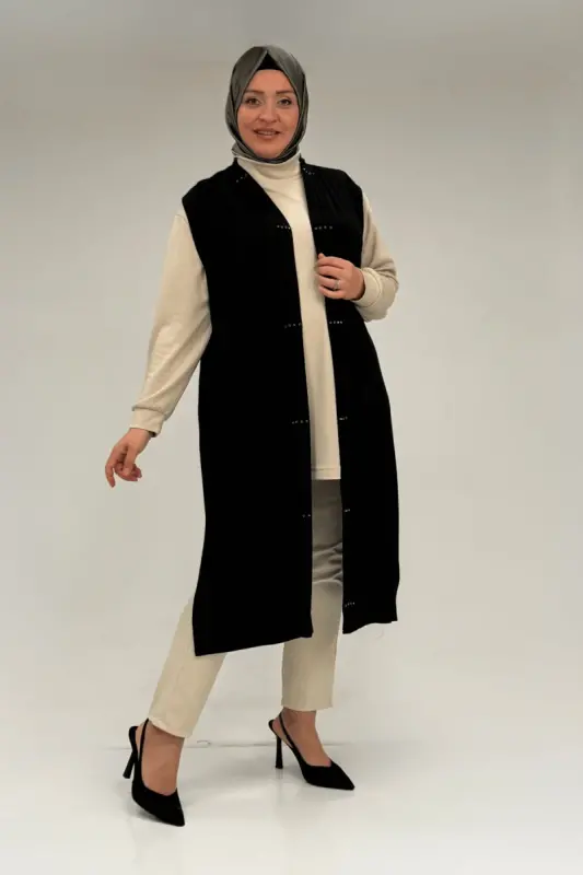 54005 Büyük Beden Patı Pileli Giy Çık Yelek - Siyah - BÜYÜKBEDENIZ