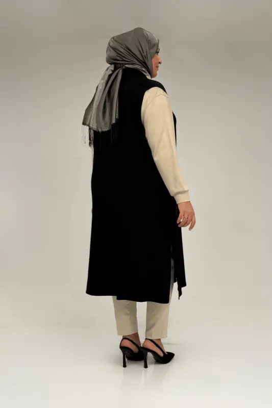 54005 Büyük Beden Patı Pileli Giy Çık Yelek - Siyah - 3