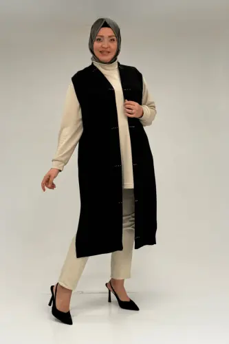 54005 Büyük Beden Patı Pileli Giy Çık Yelek - Siyah - 1