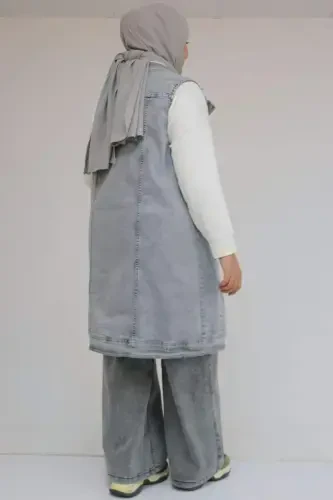 54007 Katta hajmdagi qo'sh cho'ntakli marvarid taqinchoqli jinsi jilet - Qor yuvish kulrang - 3