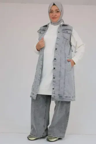 54007 Plus Size Double Pocket Pearl Embellished Denim Vest - Snow Wash Gray - 1