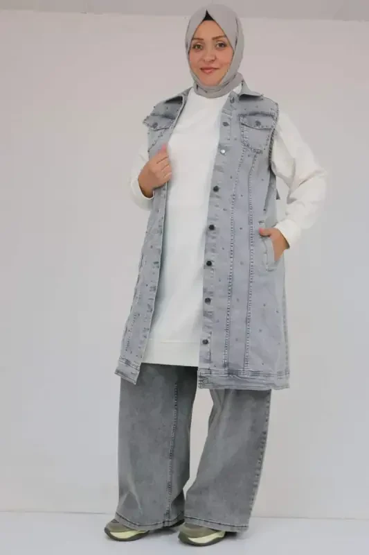 54007 Plus Size Double Pocket Pearl Embellished Denim Vest - Snow Wash Gray - 1