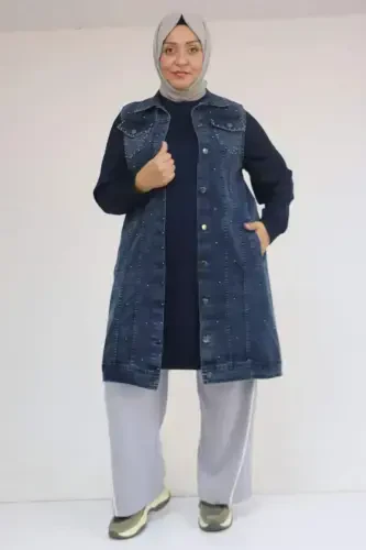 54007 Plus Size Double Pocket Pearl Embellished Denim Vest - Snow Wash Navy Blue - 1
