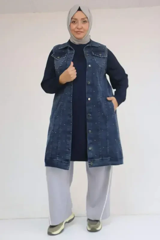 54007 Plus Size Double Pocket Pearl Embellished Denim Vest - Snow Wash Navy Blue - 1