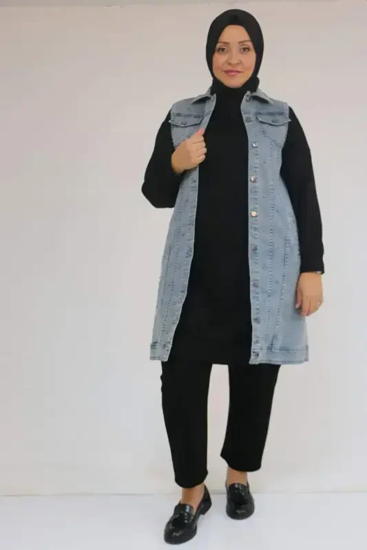 54007 Plus Size Double Pocket Pearl Embellished Denim Vest - Snow Wash Smoke - 1